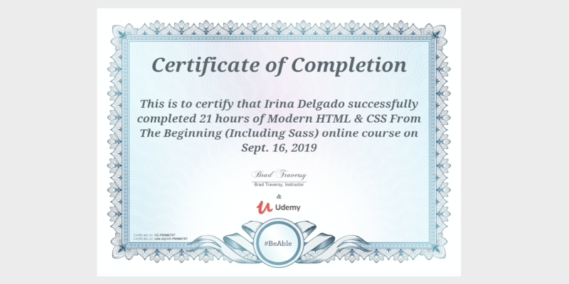 Terminé el curso “Modern HTML & CSS from the beginning” en Udemy por Traversy Media